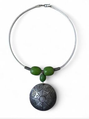 Handcrafted African Green Bead Silver Pendant Choker Necklace
